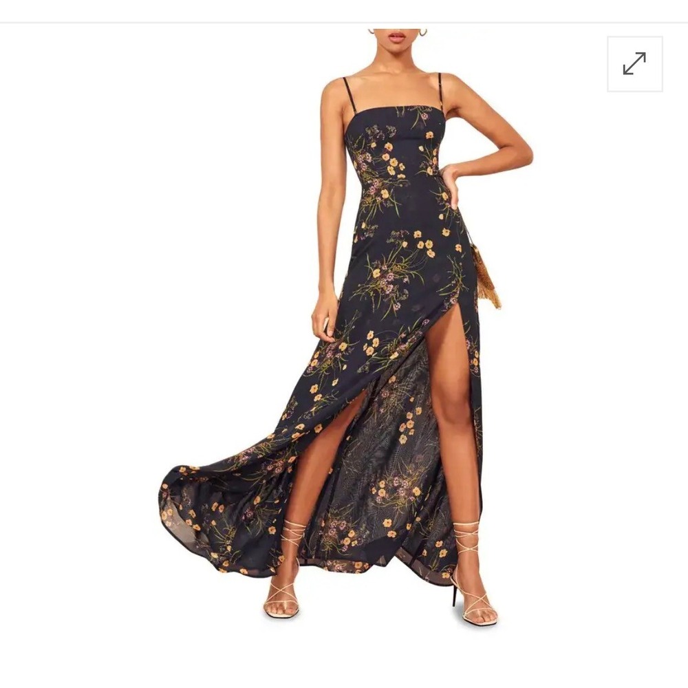 Reformation Ingrid Floral Maxi Dress Navy Blue 2 High Slit Smocked Back